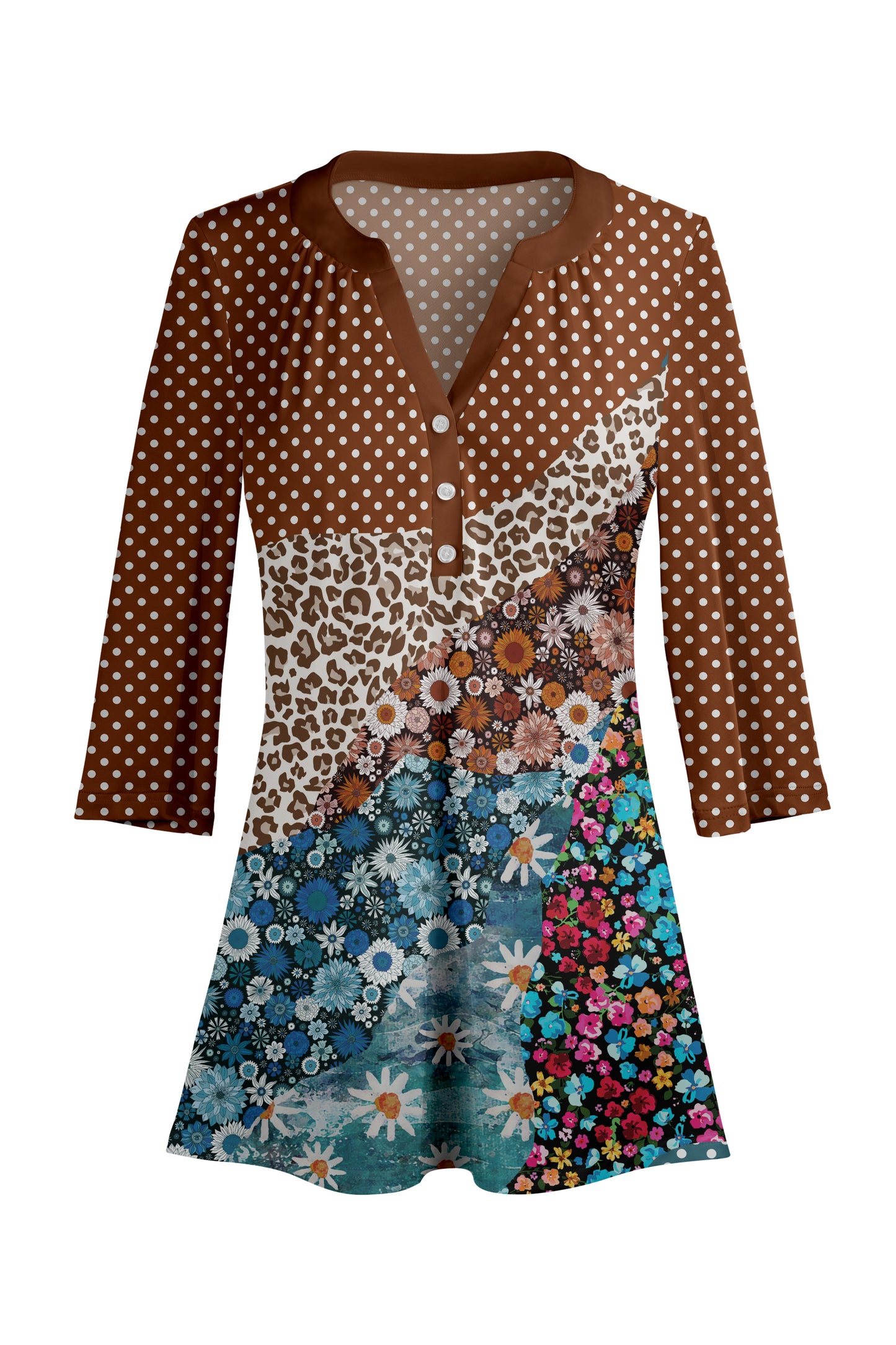 Classic Button-Front V-Collar Tunic-Blue Yellow