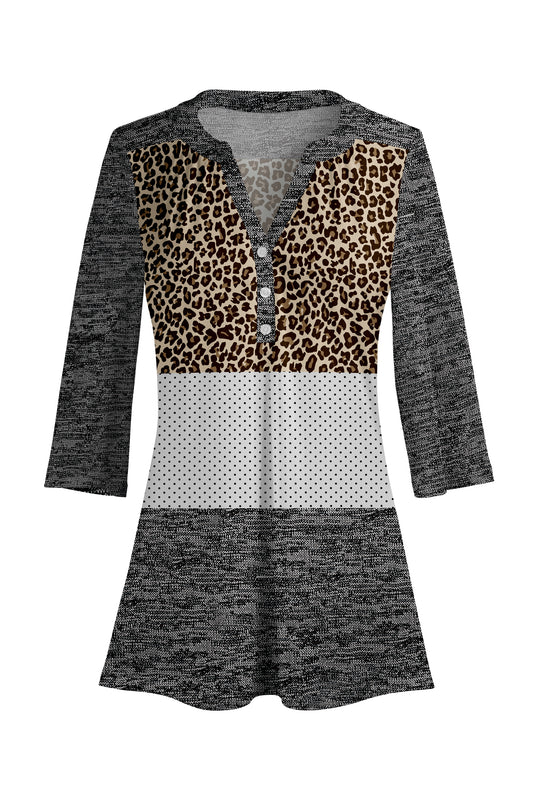 Classic Button-Front V-Collar Tunic-Brown White Dots