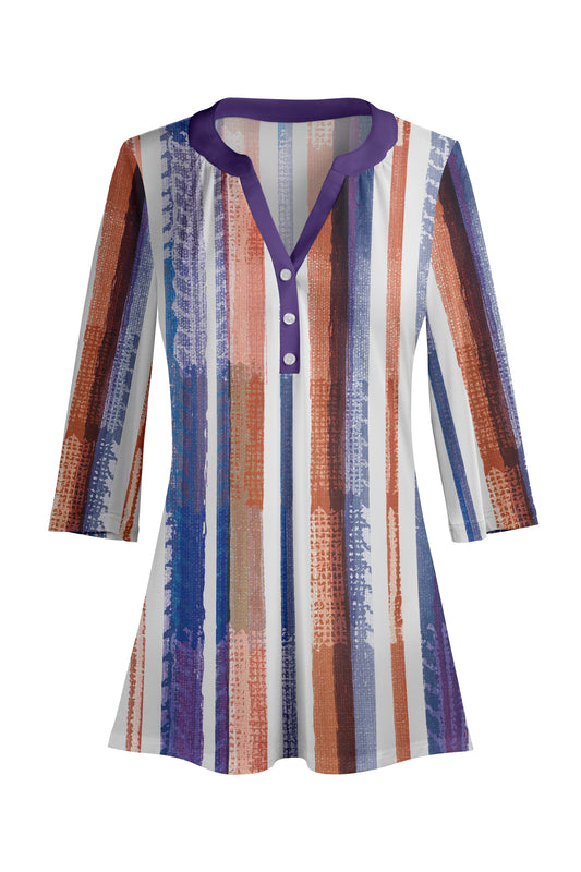 Classic Button-Front V-Collar Tunic-Blue Brown