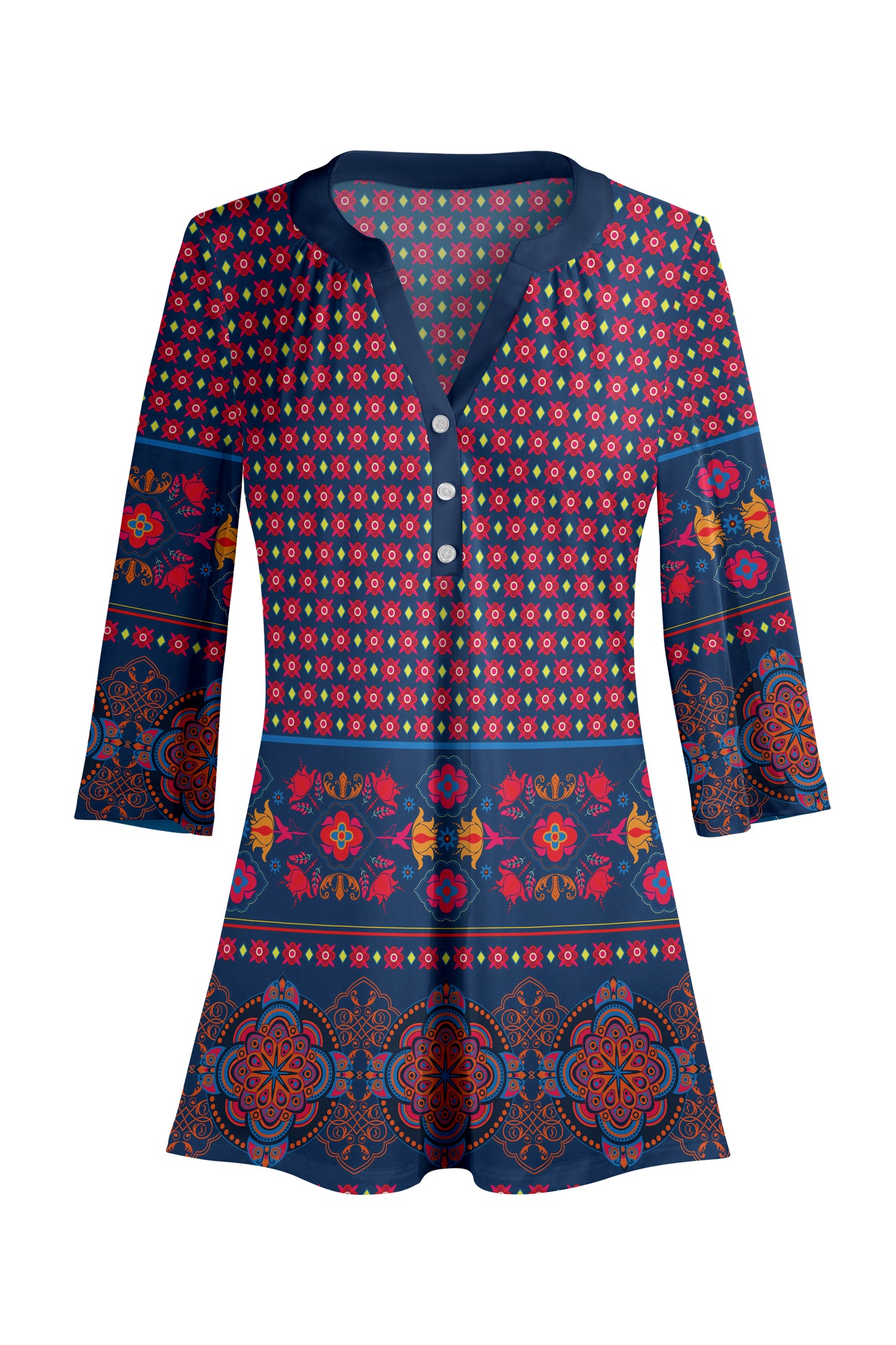 Classic Button-Front V-Collar Tunic-Blue Yellow
