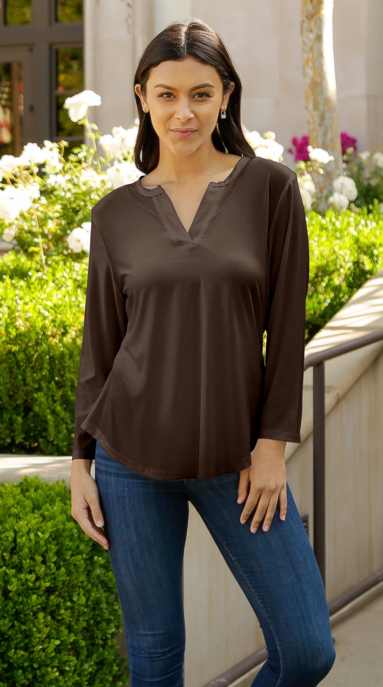 Classic V-Collar Printed Tunic-Red