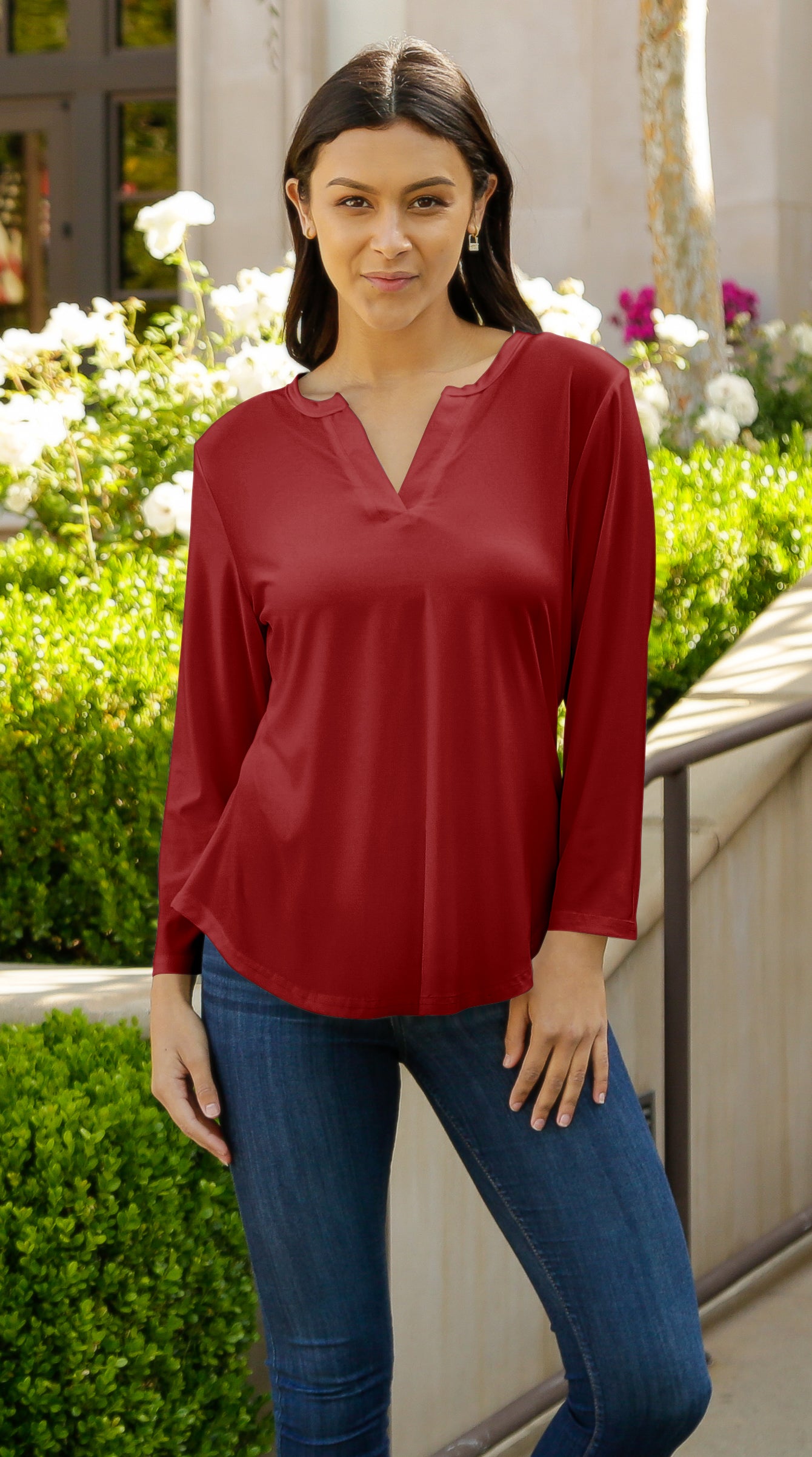 Classic V-Collar Printed Tunic-Red