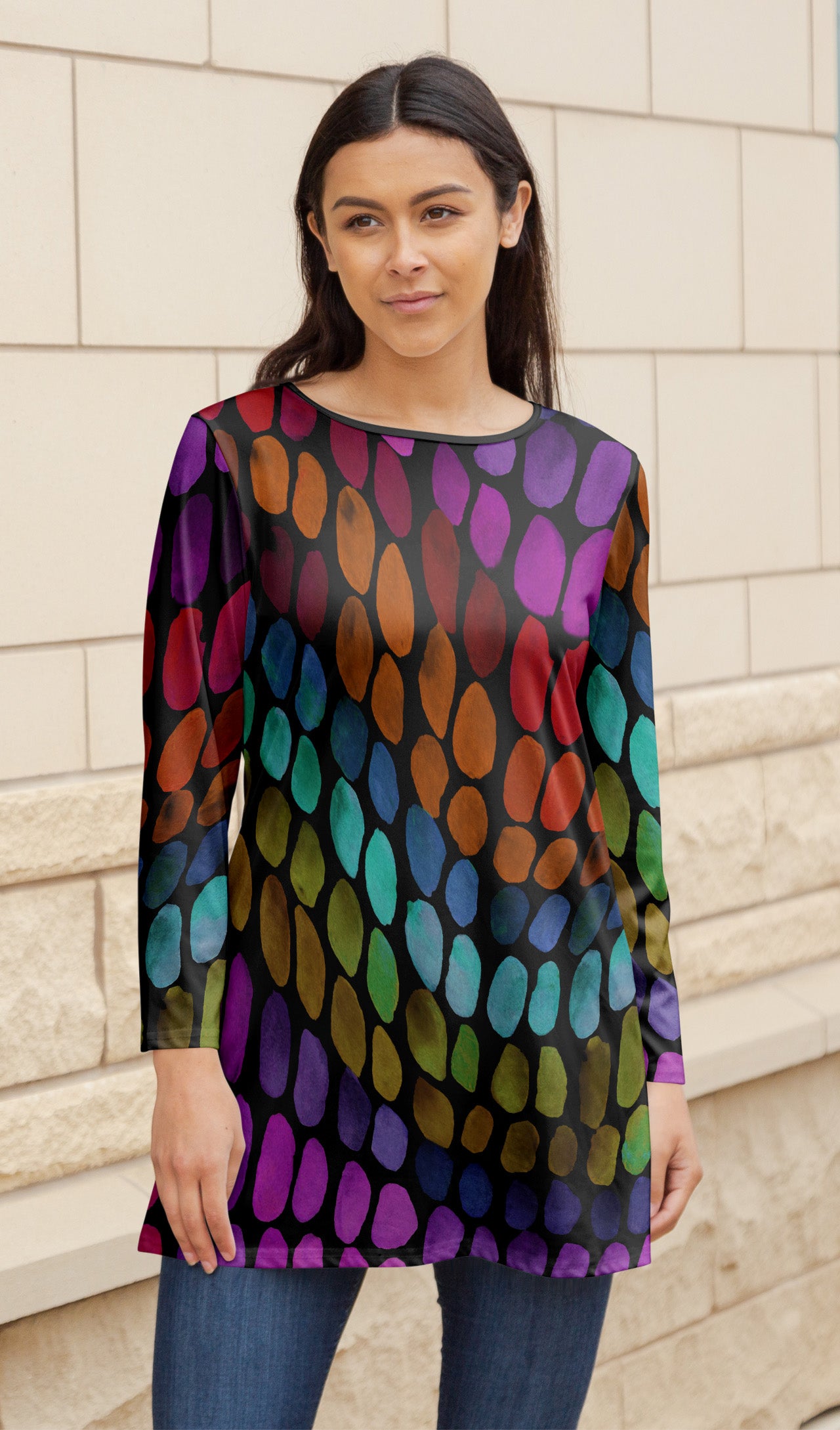 Bold Print Flowy Tunic-Brown Blue