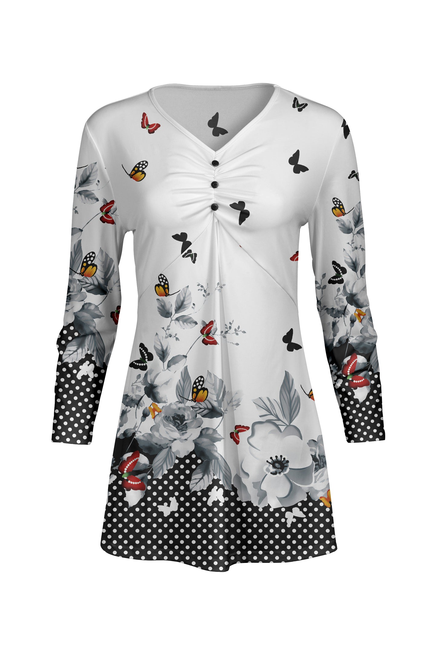 Classic Gathered Front Patched Tunic-White With Butterfly Floral