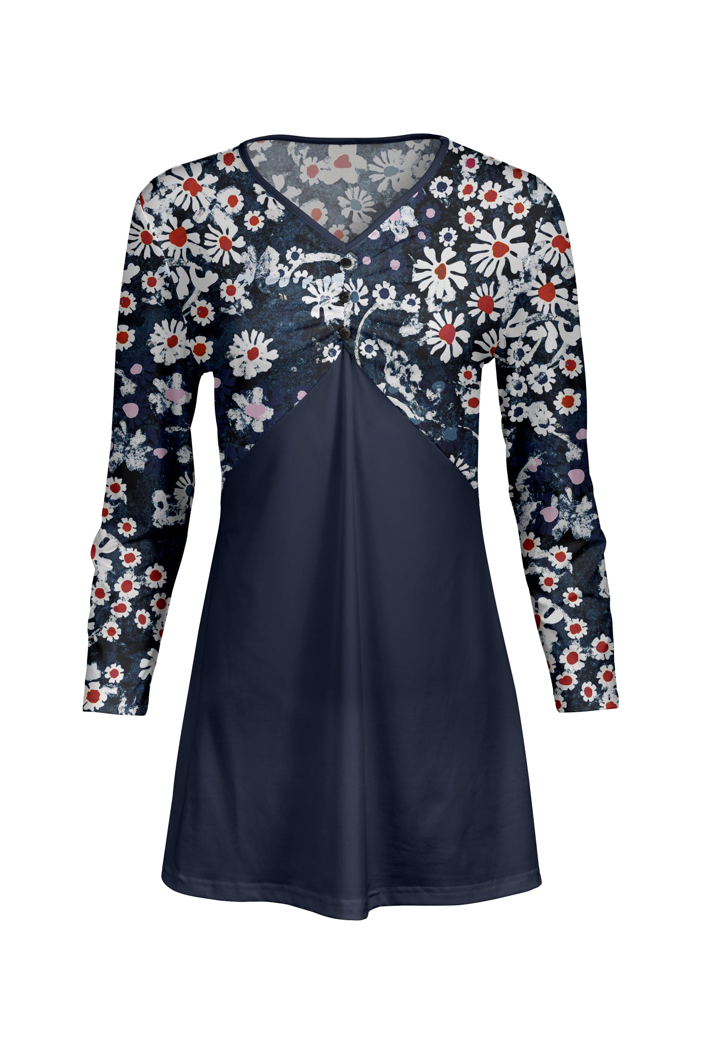 Classic Gathered Front Patched Tunic-White With Butterfly Floral