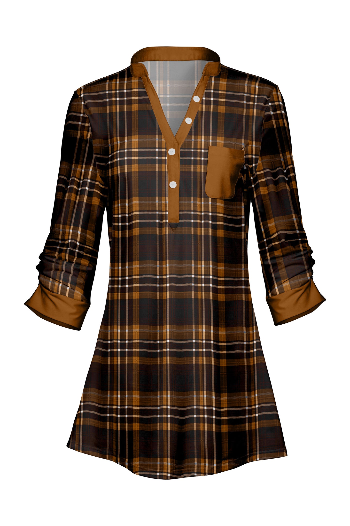 Classic V-Collar Patched Tunic-Green Rust