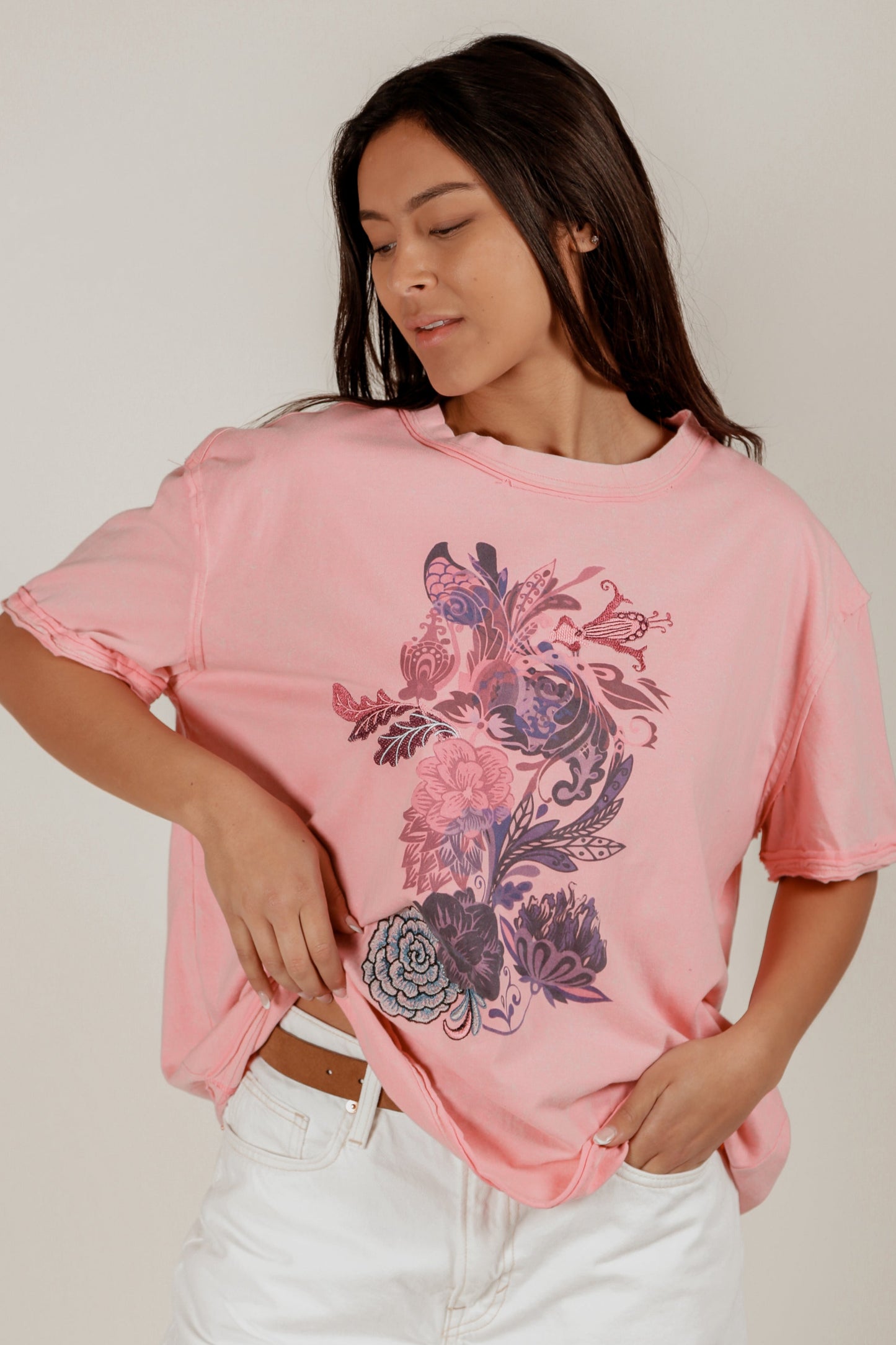 Vintage Rose Tee(T240002 Pink With Embroidery)