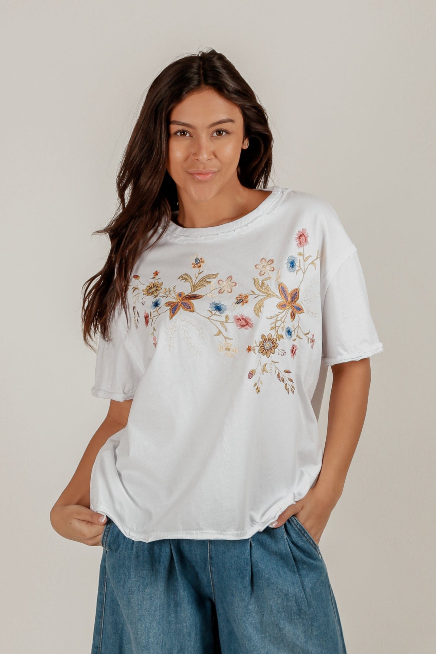 Floral Dream Tee(T240002 White With Multi Embroidery )