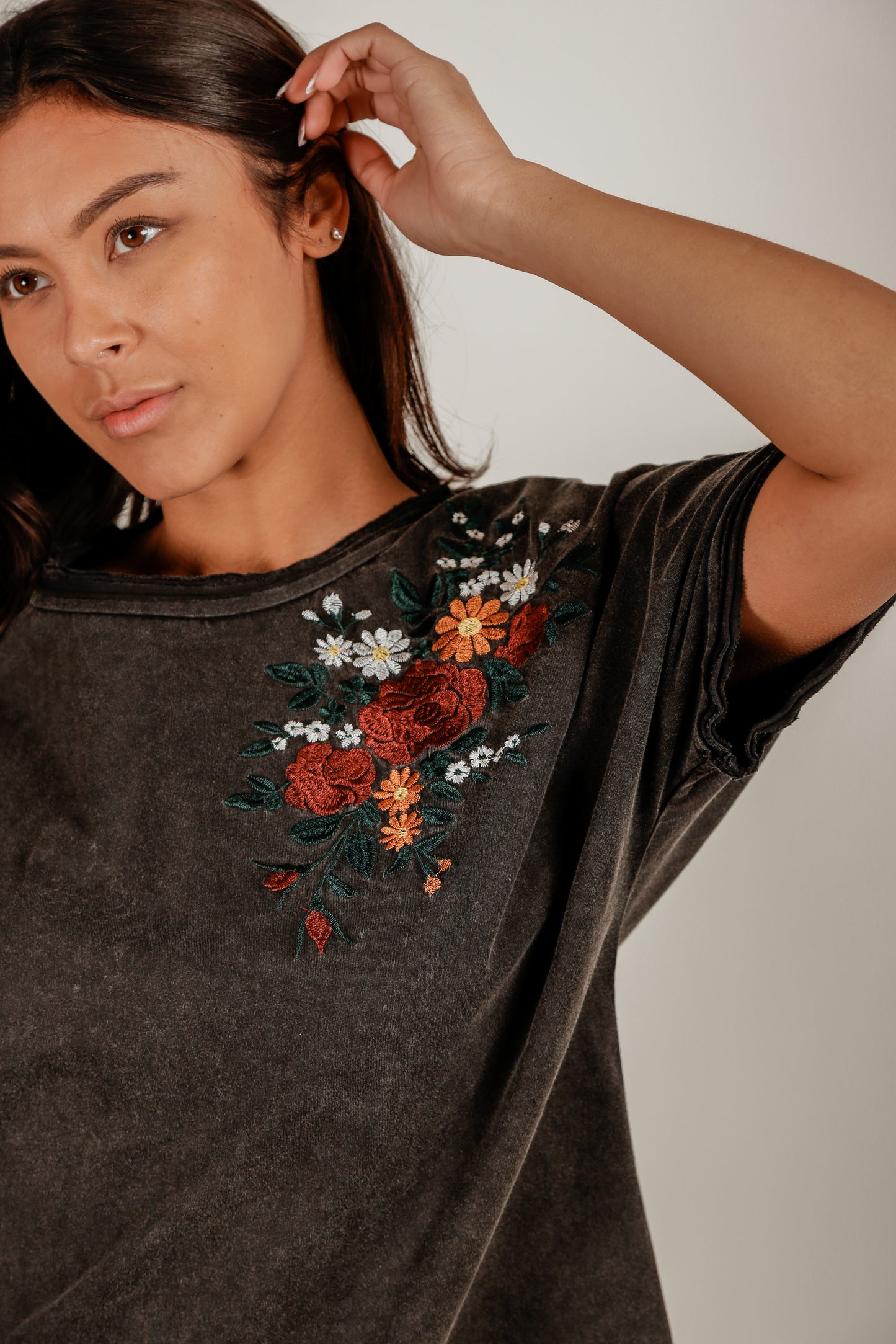 Midnight Bloom Dolman Tee (T240006 Mineral Washed Black Wth Red Rose)