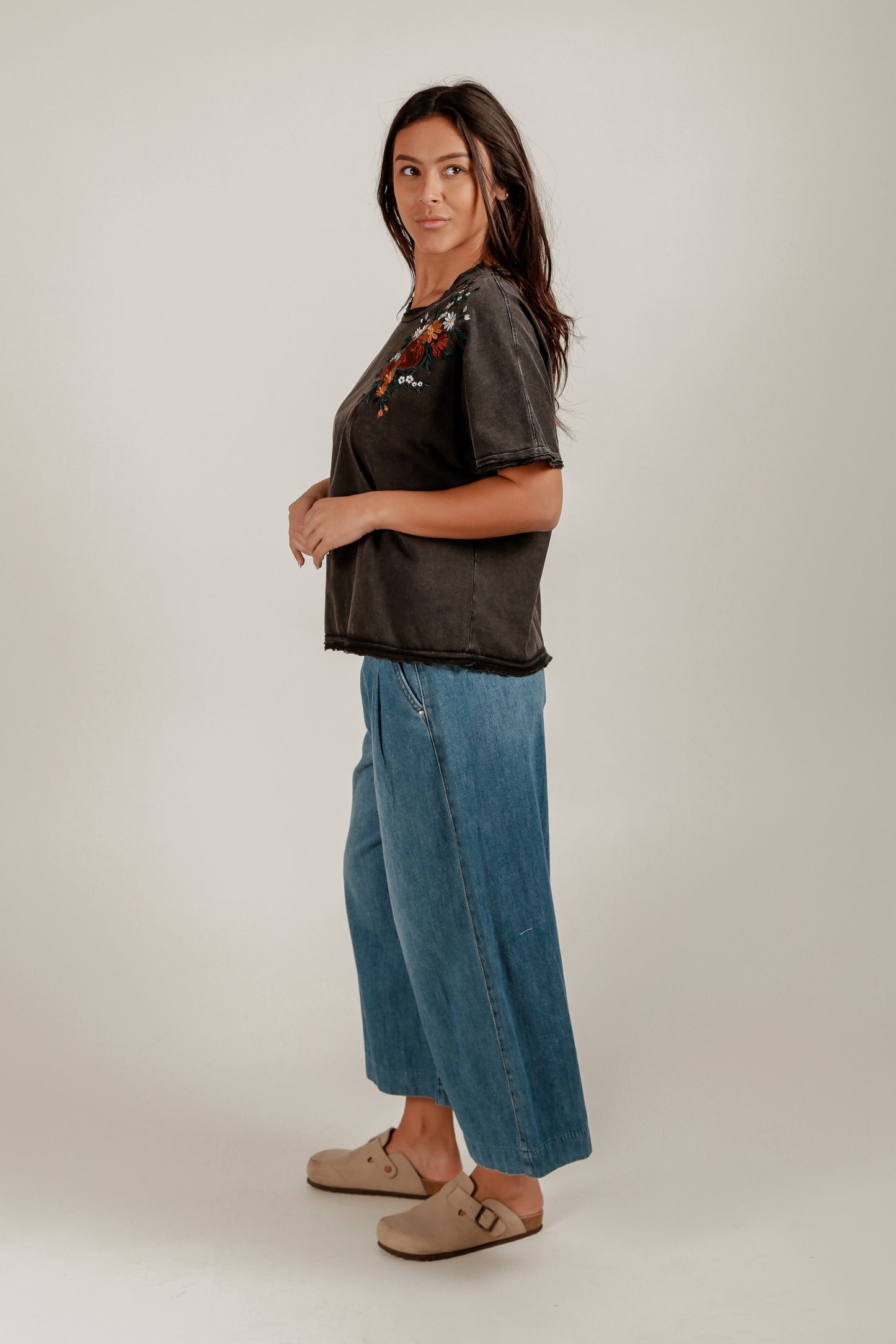 Midnight Bloom Dolman Tee (T240006 Mineral Washed Black Wth Red Rose)
