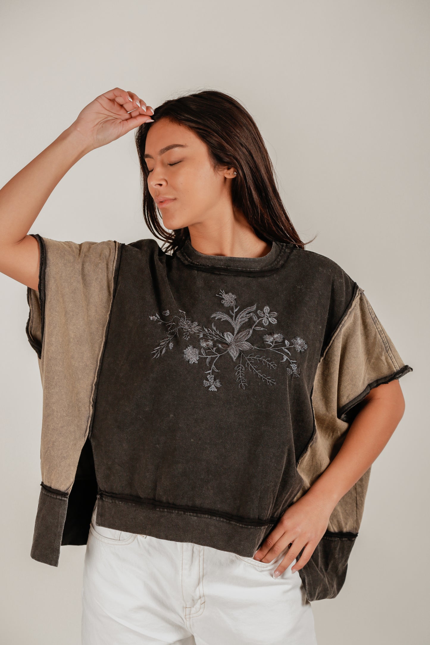 Patched Flattery Tee (T240009 Mineral Washed Black with Embroideried Roses)