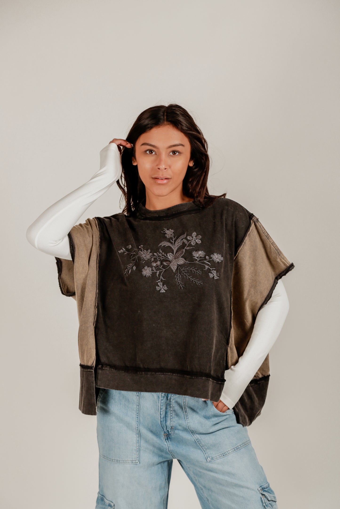 Patched Flattery Tee (T240009 Mineral Washed Black with Embroideried Roses)