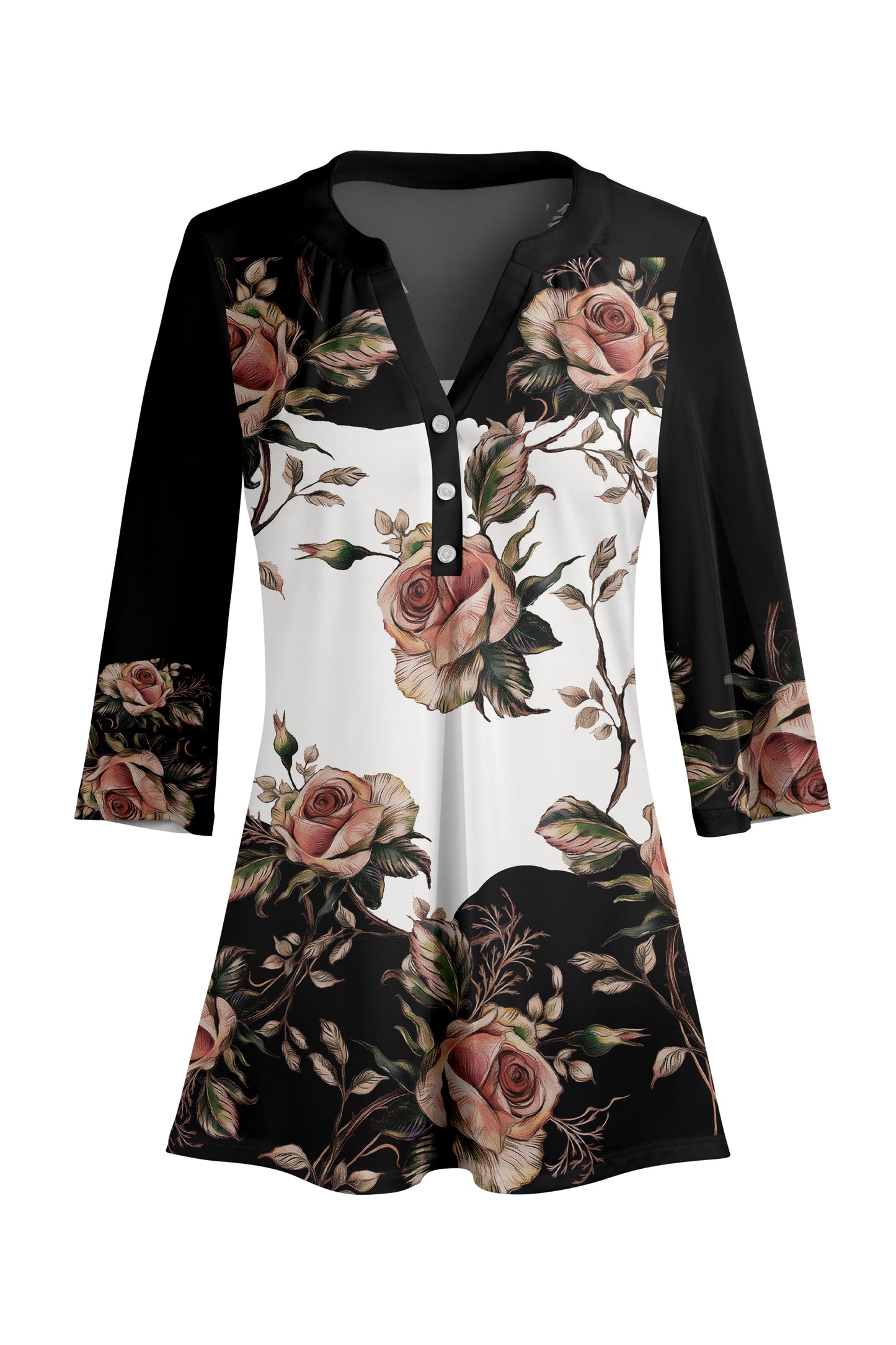 Classic Button-Front V-Collar Tunic-Black White