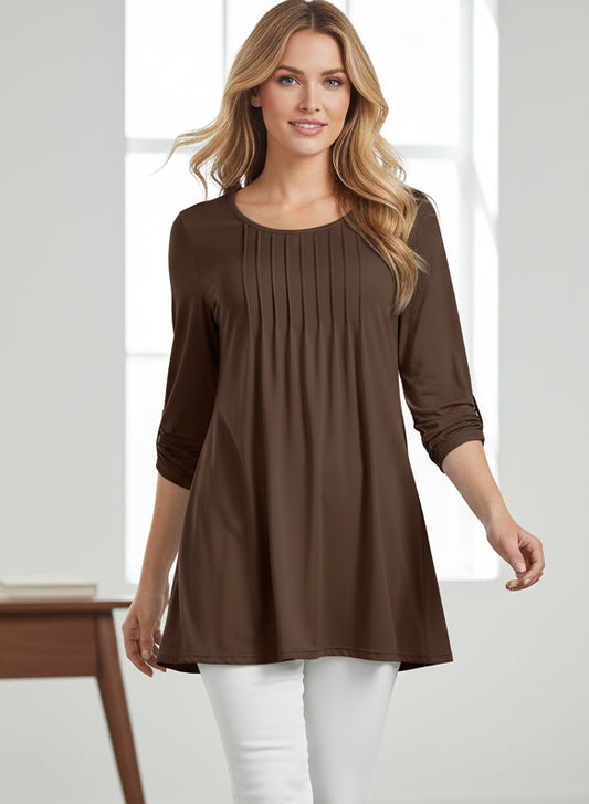 Elegant Pleated Front Tunic-Brown