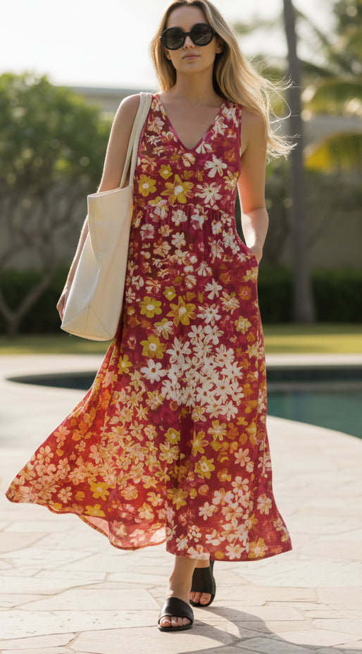 Flattering V-Neck Stretch Maxi Dress-Red White