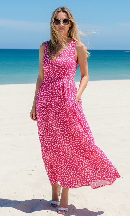 Flattering V-Neck Stretch Maxi Dress-Pink White Dots