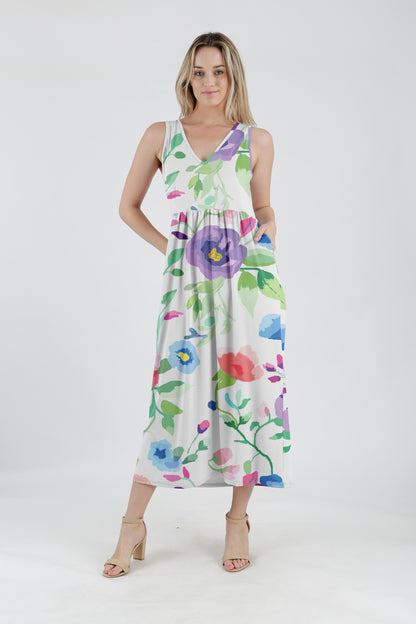 Flattering V-Neck Stretch Maxi Dress-Pink White Dots