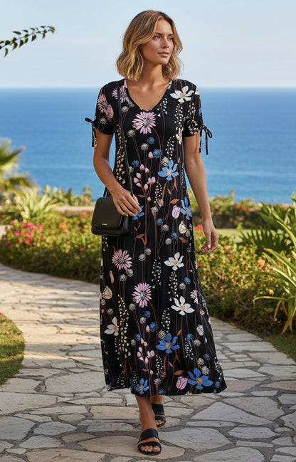 Comfy A-Line Maxi Dress with Tie-Detail Sleeves-Purple White