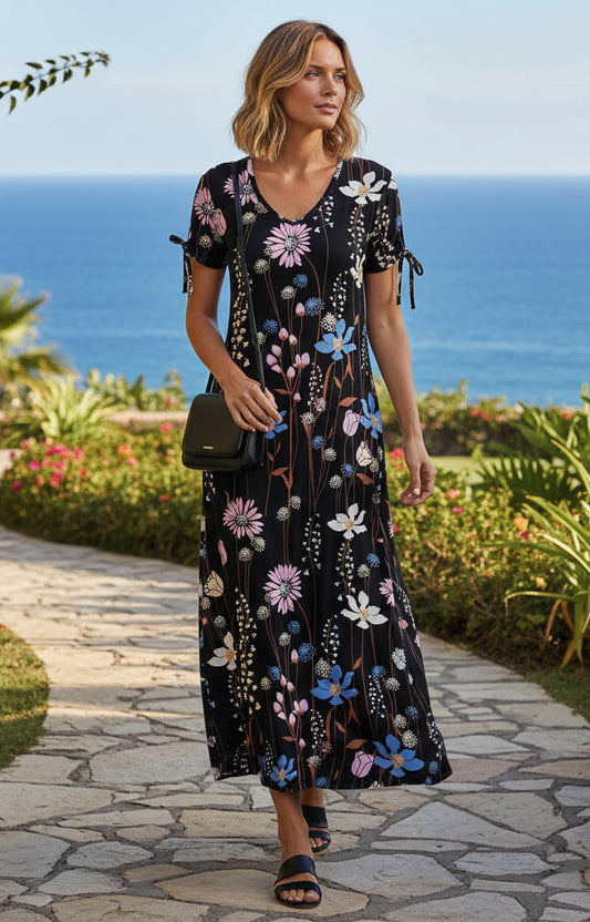 Comfy A-Line Maxi Dress with Tie-Detail Sleeves-Black White Floral