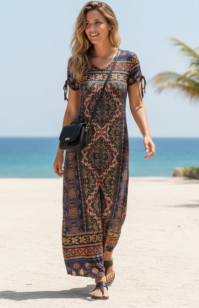 Comfy A-Line Maxi Dress with Tie-Detail Sleeves-Purple White