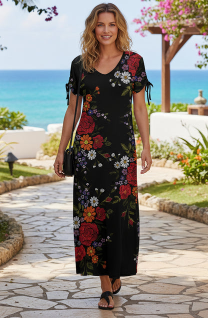 Comfy A-Line Maxi Dress with Tie-Detail Sleeves-Purple White