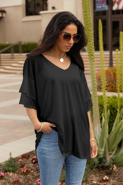 Oversized Flowy Ruffle-Sleeve Tunic-Brown