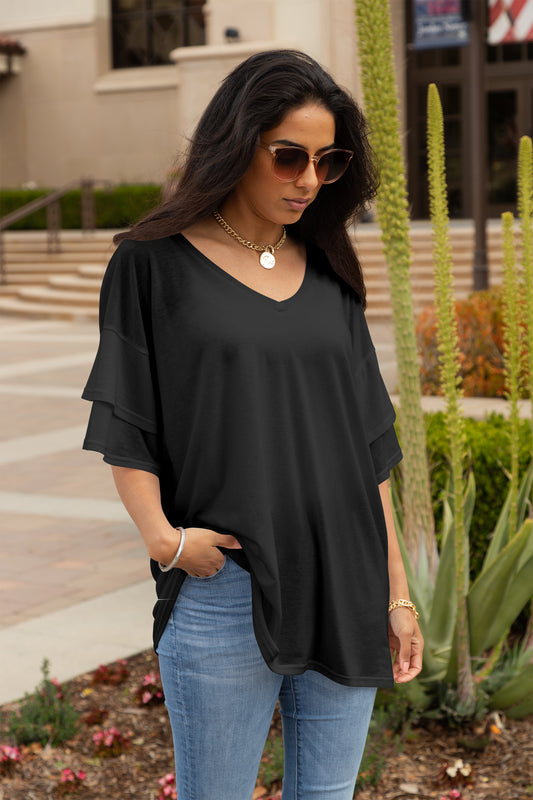 Oversized Flowy Ruffle-Sleeve Tunic-Black