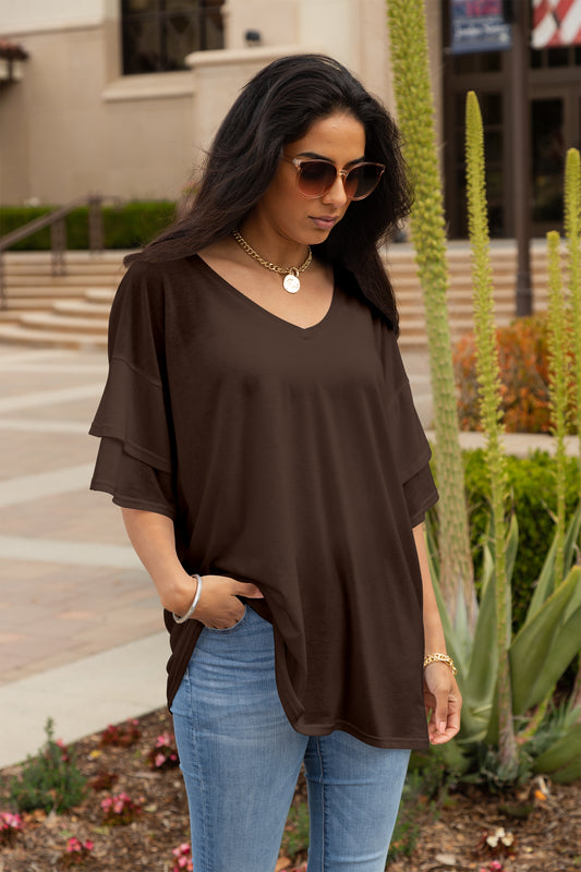 Oversized Flowy Ruffle-Sleeve Tunic-Black