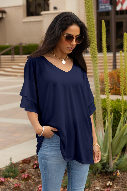 Oversized Flowy Ruffle-Sleeve Tunic-Navy