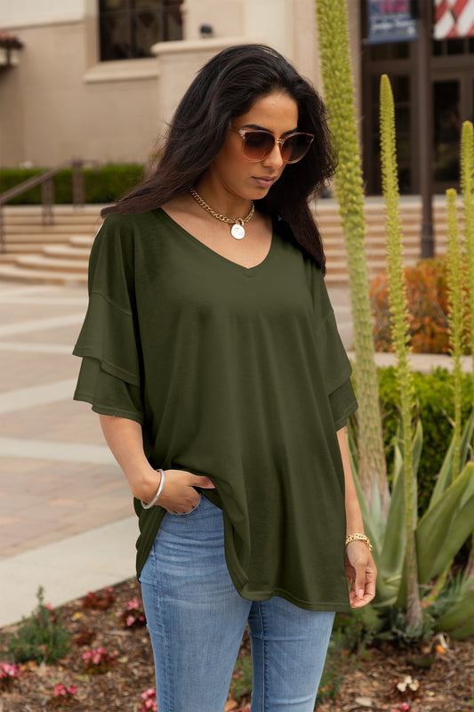 Oversized Flowy Ruffle-Sleeve Tunic-Olive