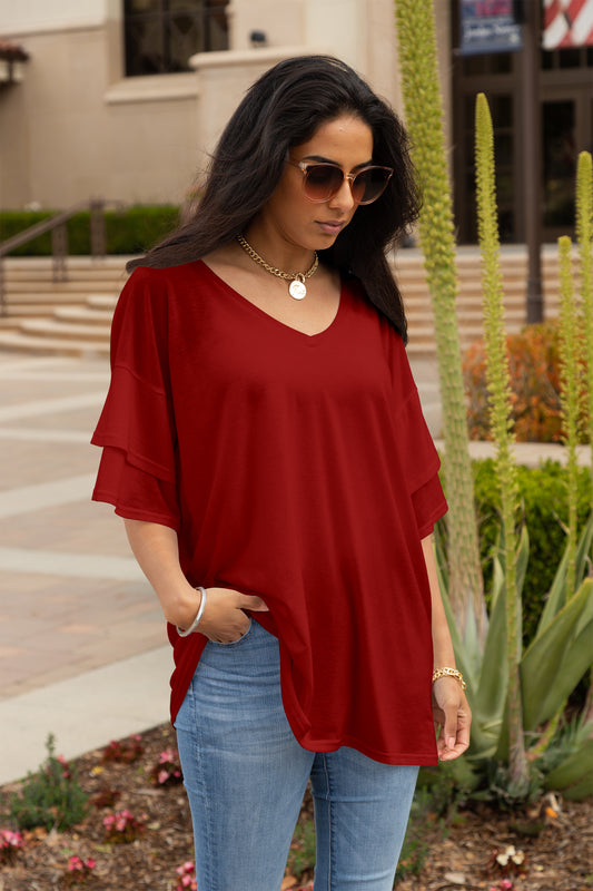 Oversized Flowy Ruffle-Sleeve Tunic-Red