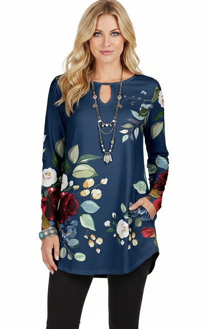 Bold Print Long-Sleeve Tunic-Red Multi Patched