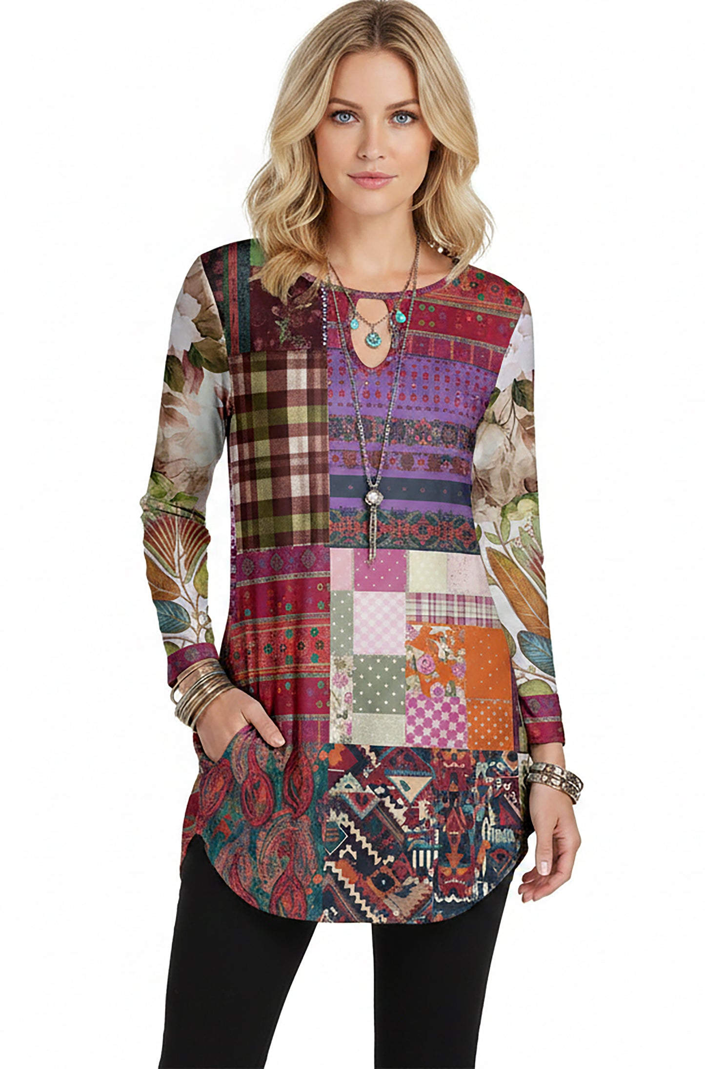Bold Print Long-Sleeve Tunic-Red Multi Patched
