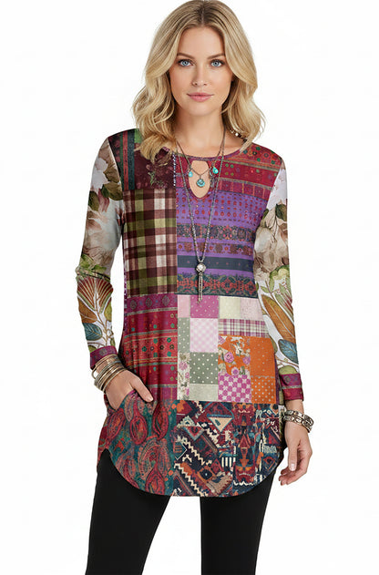 Bold Print Long-Sleeve Tunic-Red Multi Patched