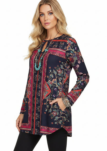 Bold Print Long-Sleeve Tunic-Pink White Gradien