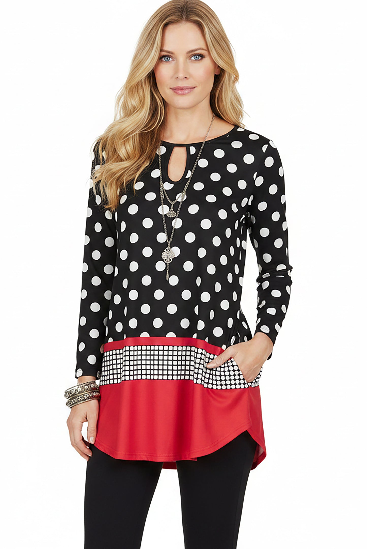 Bold Print Long-Sleeve Tunic-Red Multi Patched