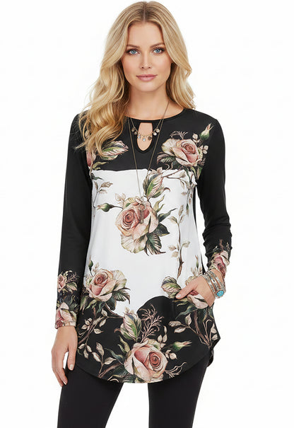 Bold Print Long-Sleeve Tunic-Red Multi Patched