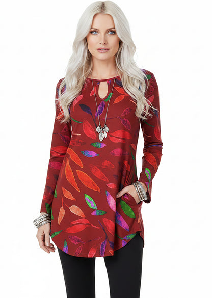 Bold Print Long-Sleeve Tunic-Red Multi Patched