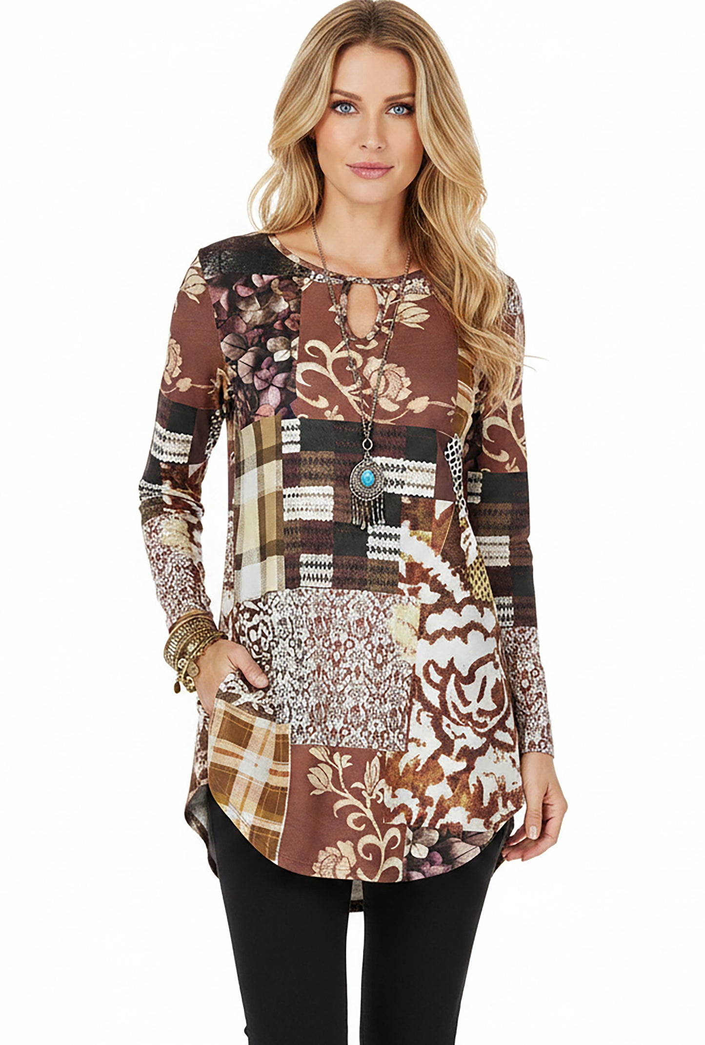 Bold Print Long-Sleeve Tunic-Pink White Gradien