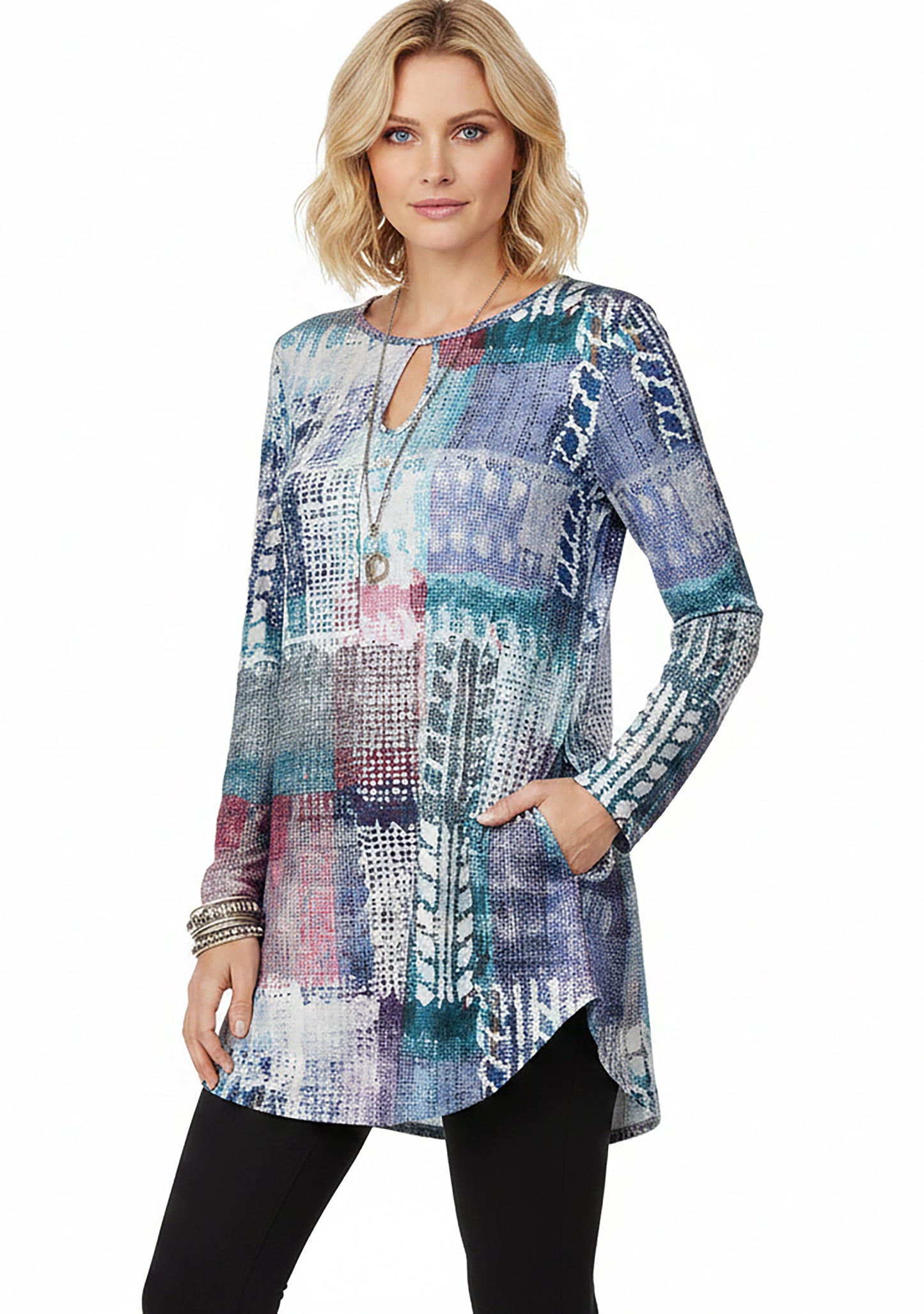 Bold Print Long-Sleeve Tunic-Red Multi Patched