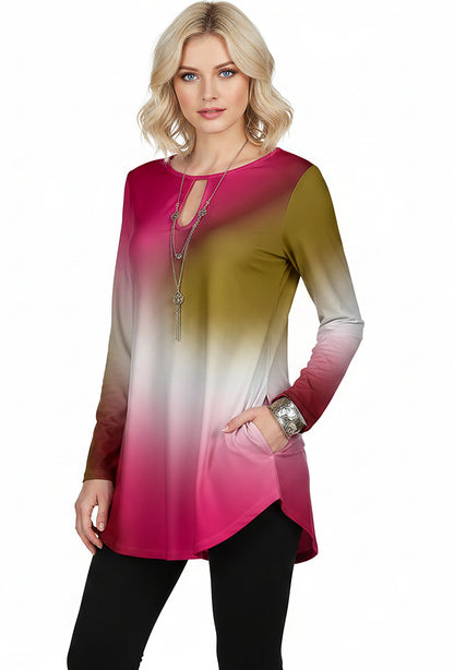 Bold Print Long-Sleeve Tunic-Pink White Gradien