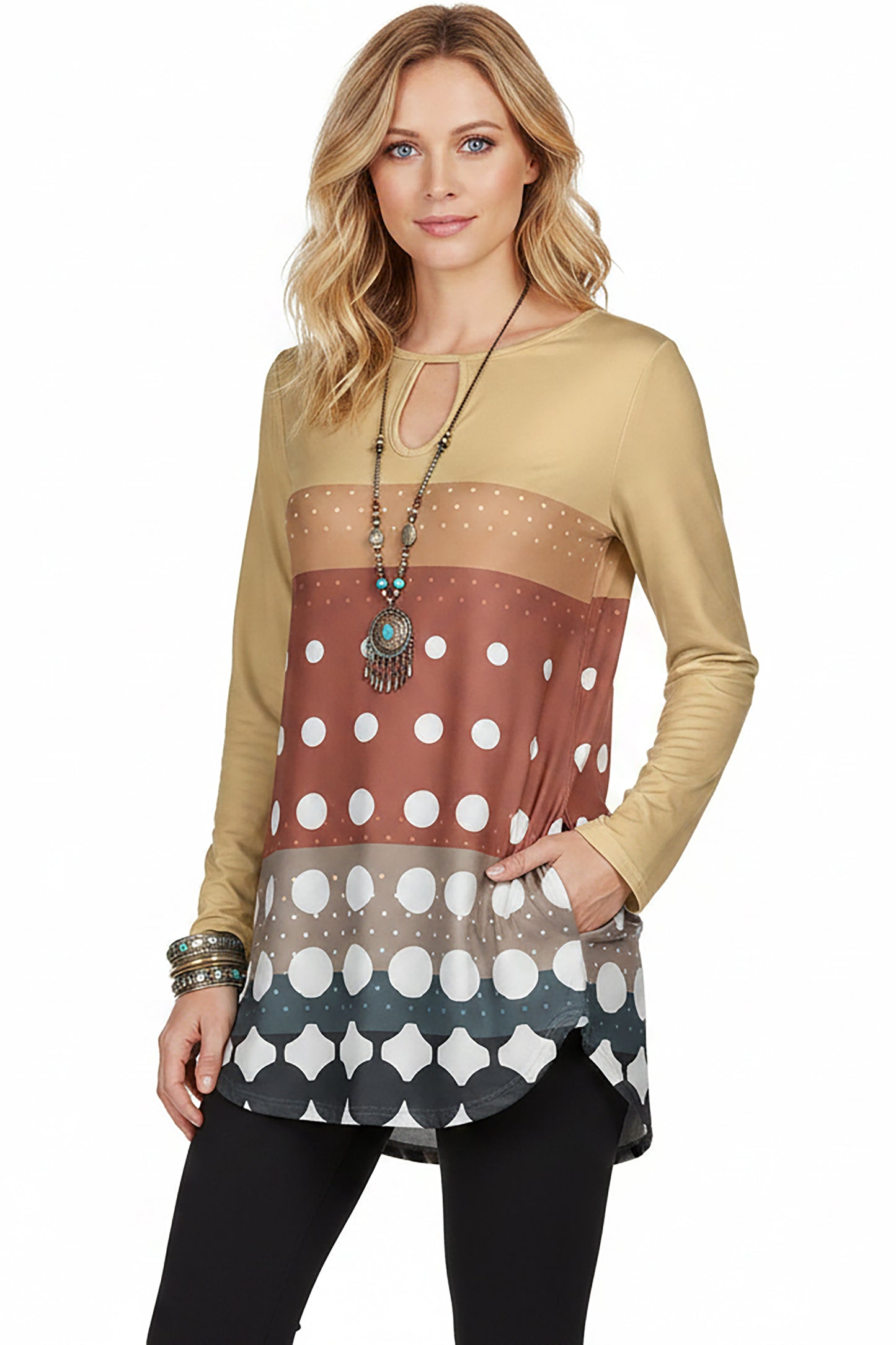 Bold Print Long-Sleeve Tunic-Pink White Gradien