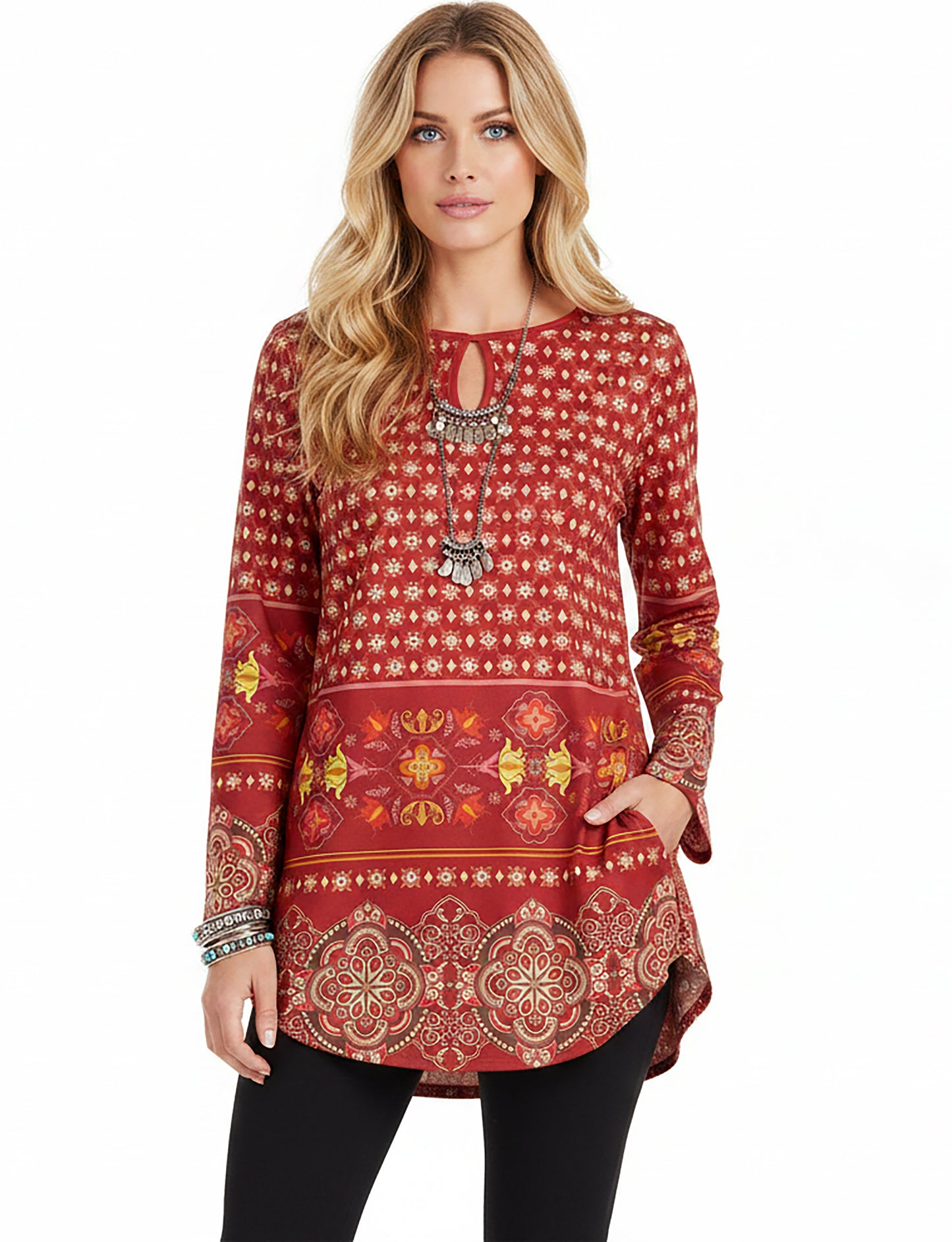 Bold Print Long-Sleeve Tunic-Pink White Gradien