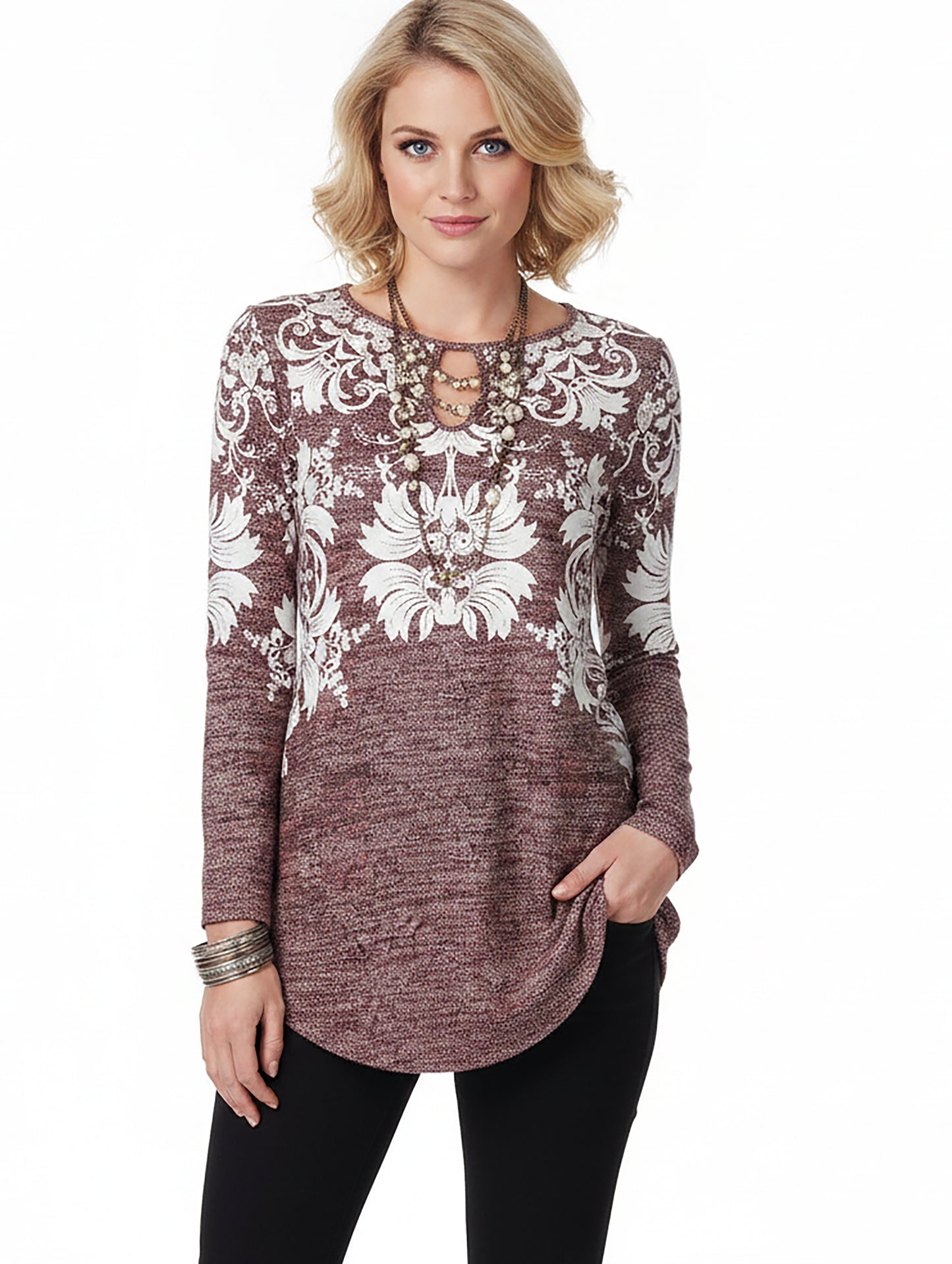 Bold Print Long-Sleeve Tunic-Red Multi Patched