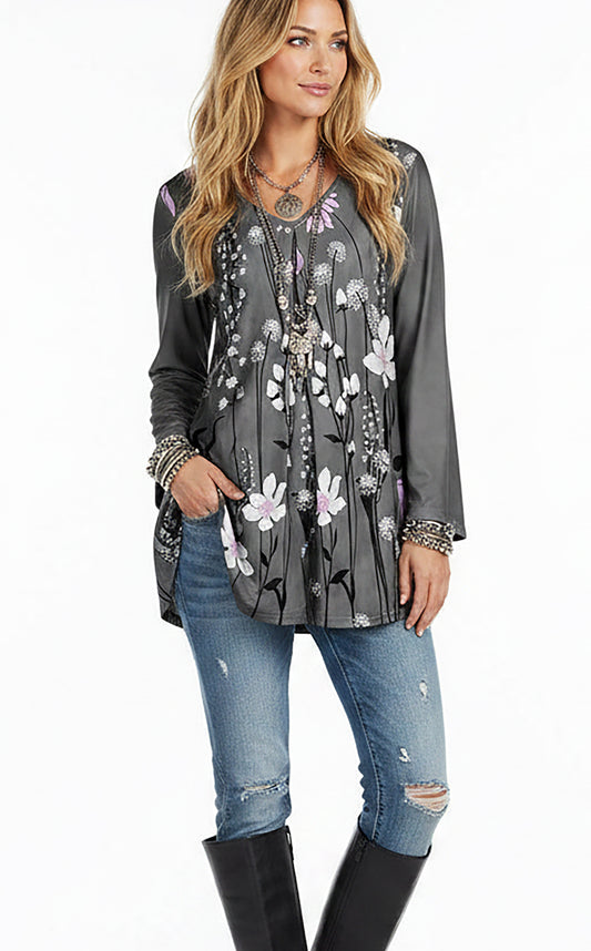LONG SLEEVES TUNIC-Gray White Floral