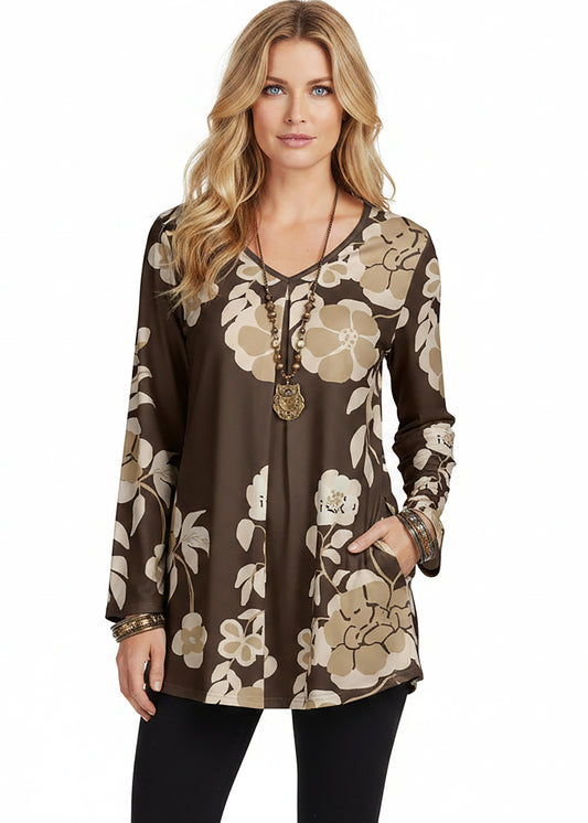 Long Sleeves Tunic-BrownBeige Floral