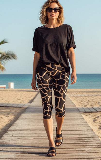 Capri Leggings-Black-Gold Animal pattern