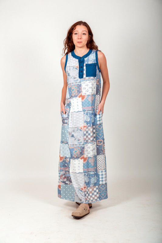 Boho Bliss Mineral-Washed Maxi Dress (D240009 Mineral-Wash Blue )