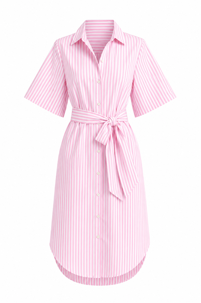 Collared Short Sleeved Shirt Dress with Waist Tie