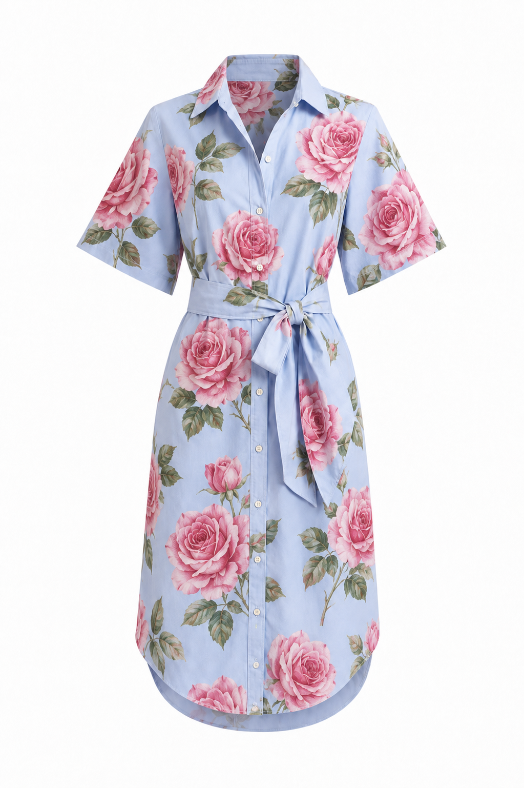 Collared Short Sleeved Shirt Dress with Waist Tie
